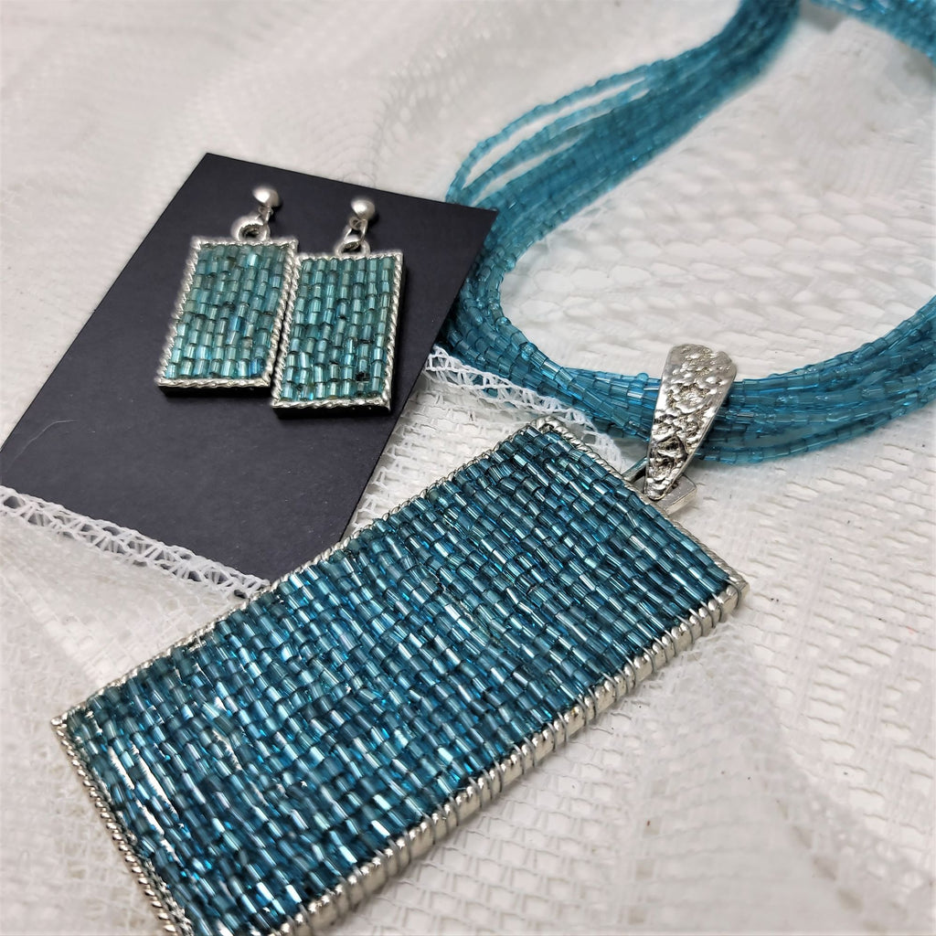 Sky Blue Multi Strand Modern Seed Bead Necklace Set w/ Earrings