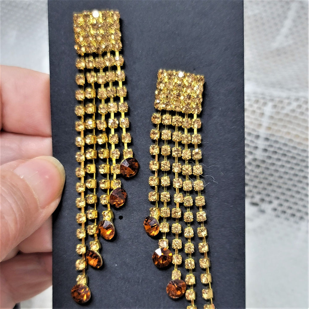 Topaz Long Dangle Rhinestone Earrings Pierced Posts Golden