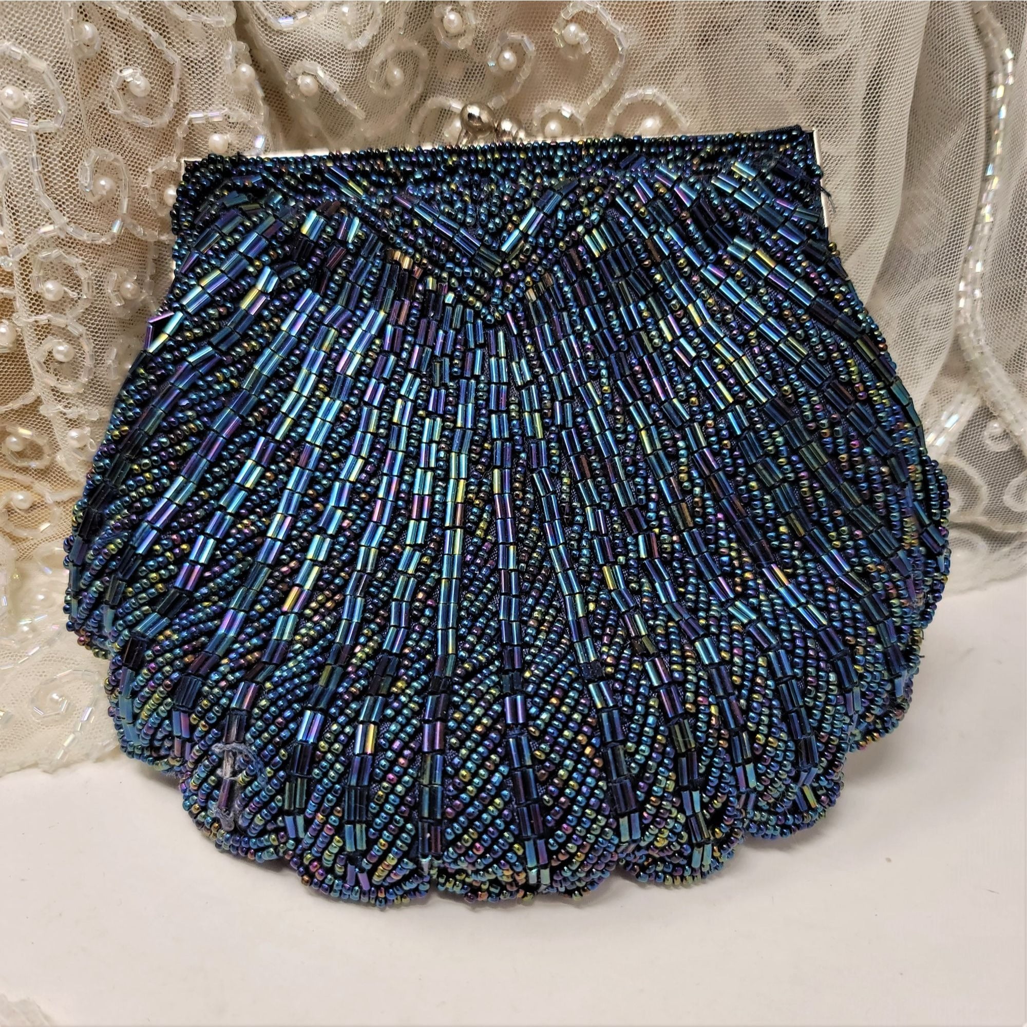 Vintage Clam Shell Beaded Bag by Carla Marchi Peacock Blue