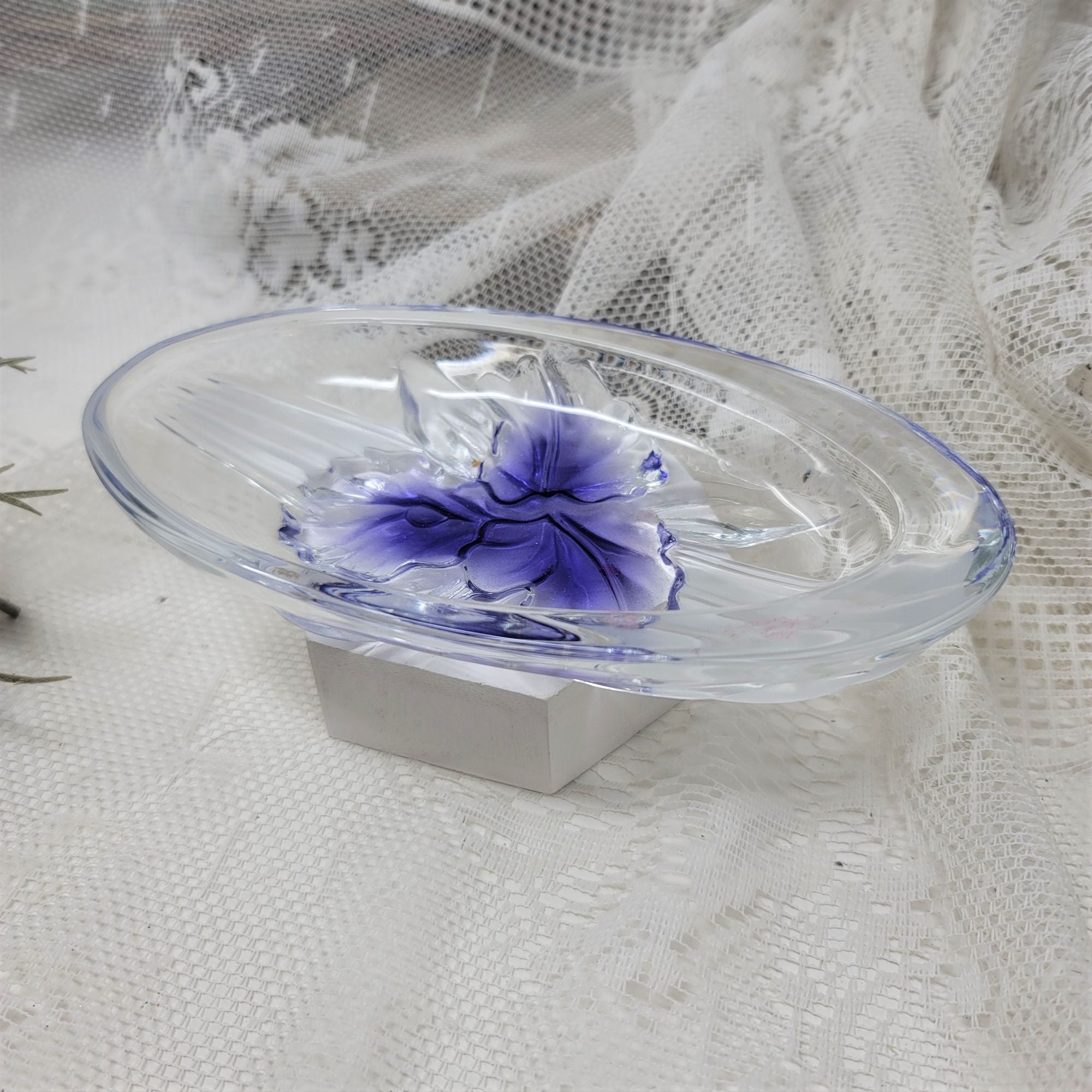 Glass Trinket Bowl w/ Blue Flower