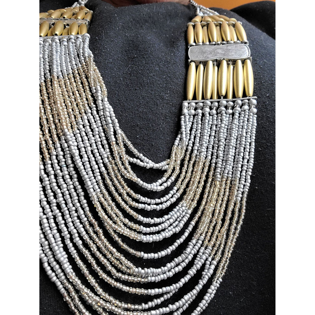Elegant Silver & Gold 20 Strand Necklace Seed Beads