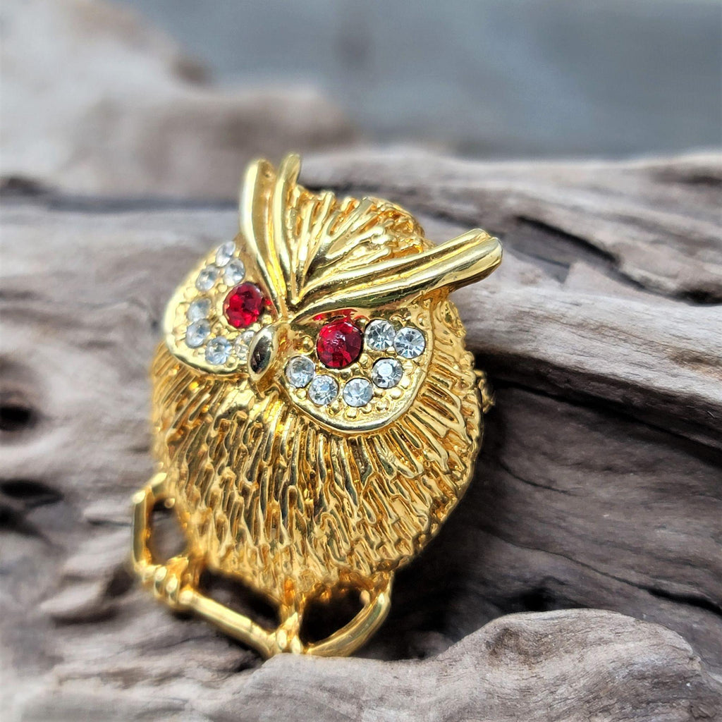 Adorable Gold Owl Pin Brooch Rhinestone Eyes