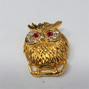 Adorable Gold Owl Pin Brooch Rhinestone Eyes