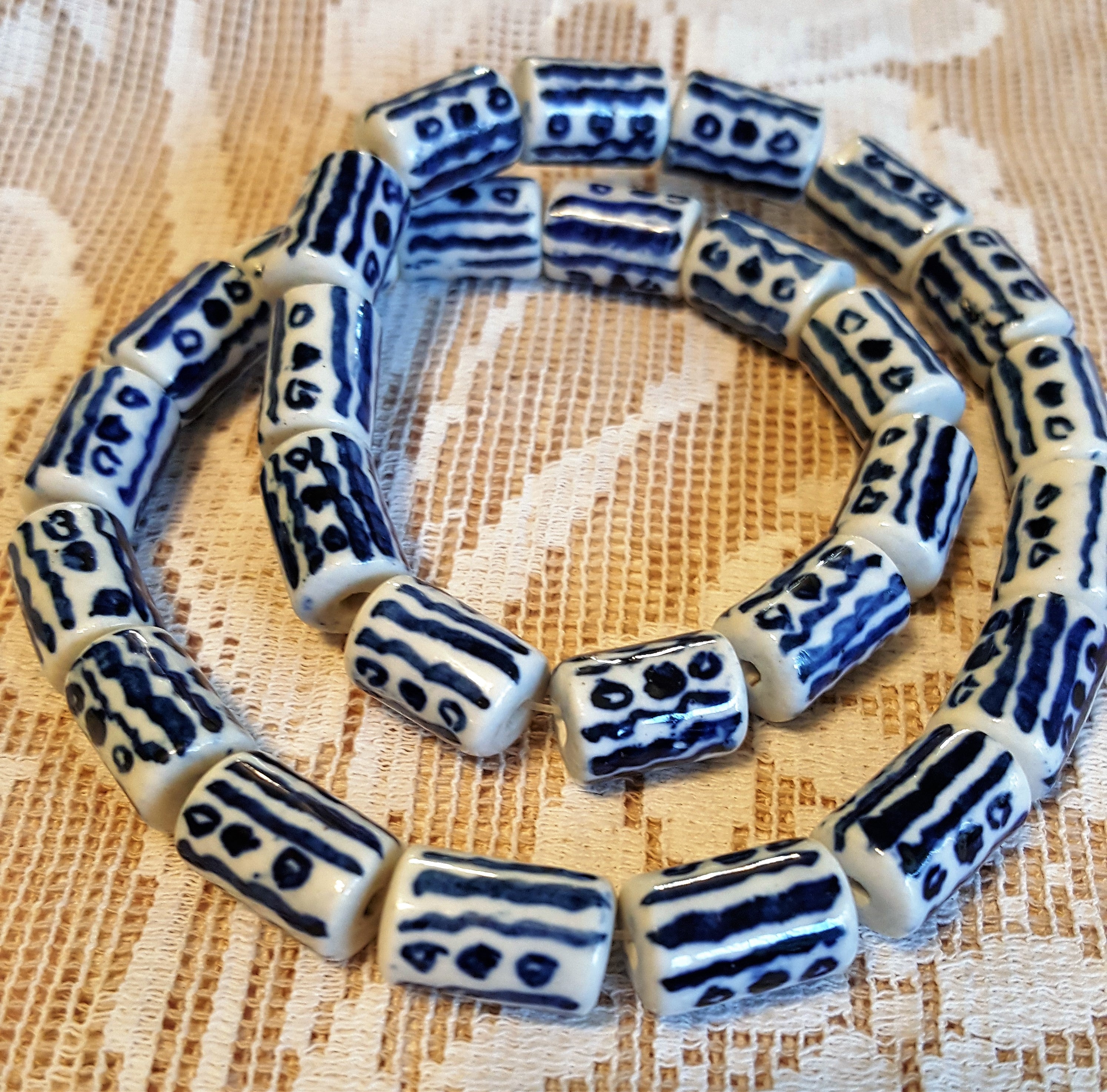 Modern Blue and White Porcelain beads Tube shape Modern design 15mm by 10mm