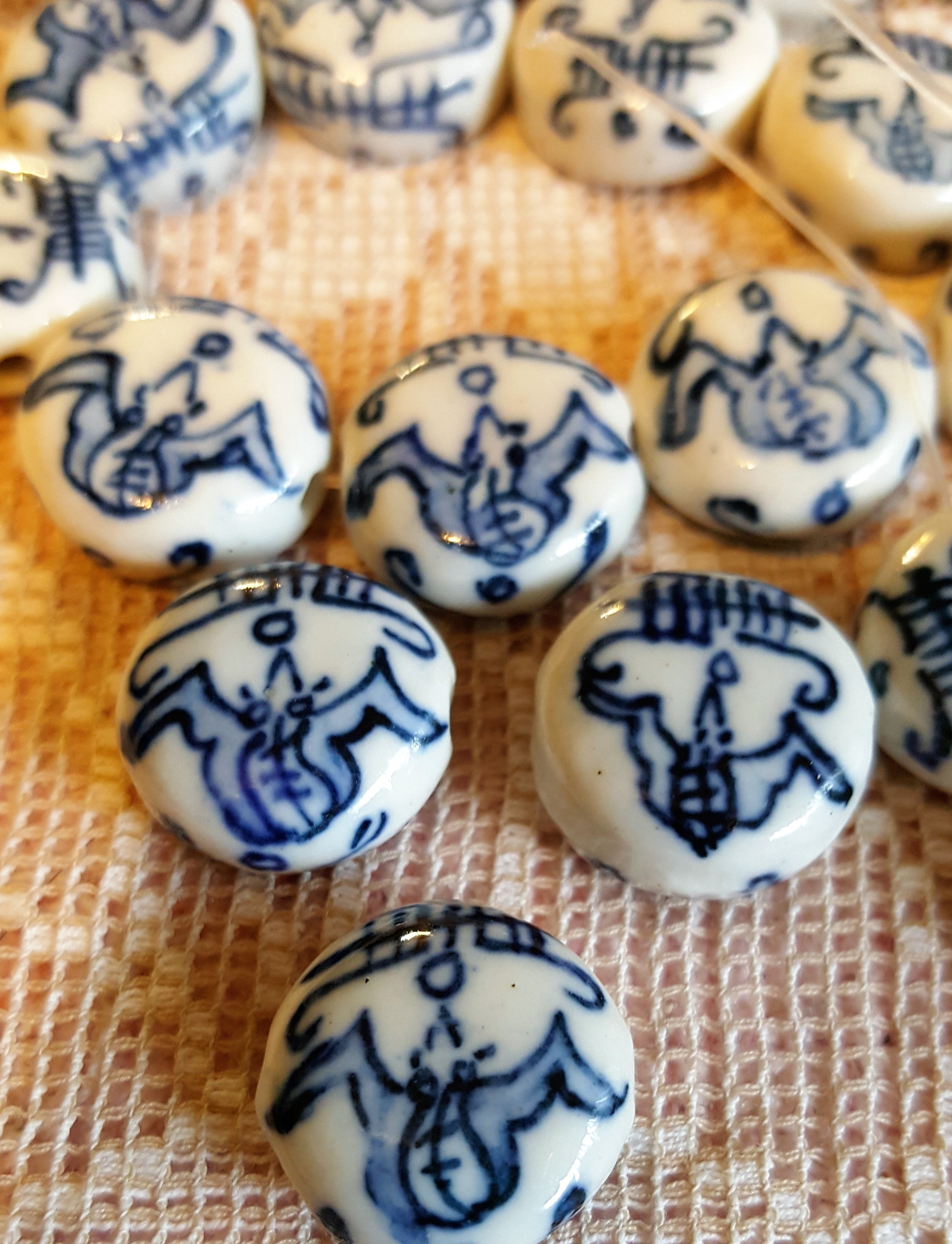 Stunning Porcelain beads Blue and white Asian design Good luck Bat design