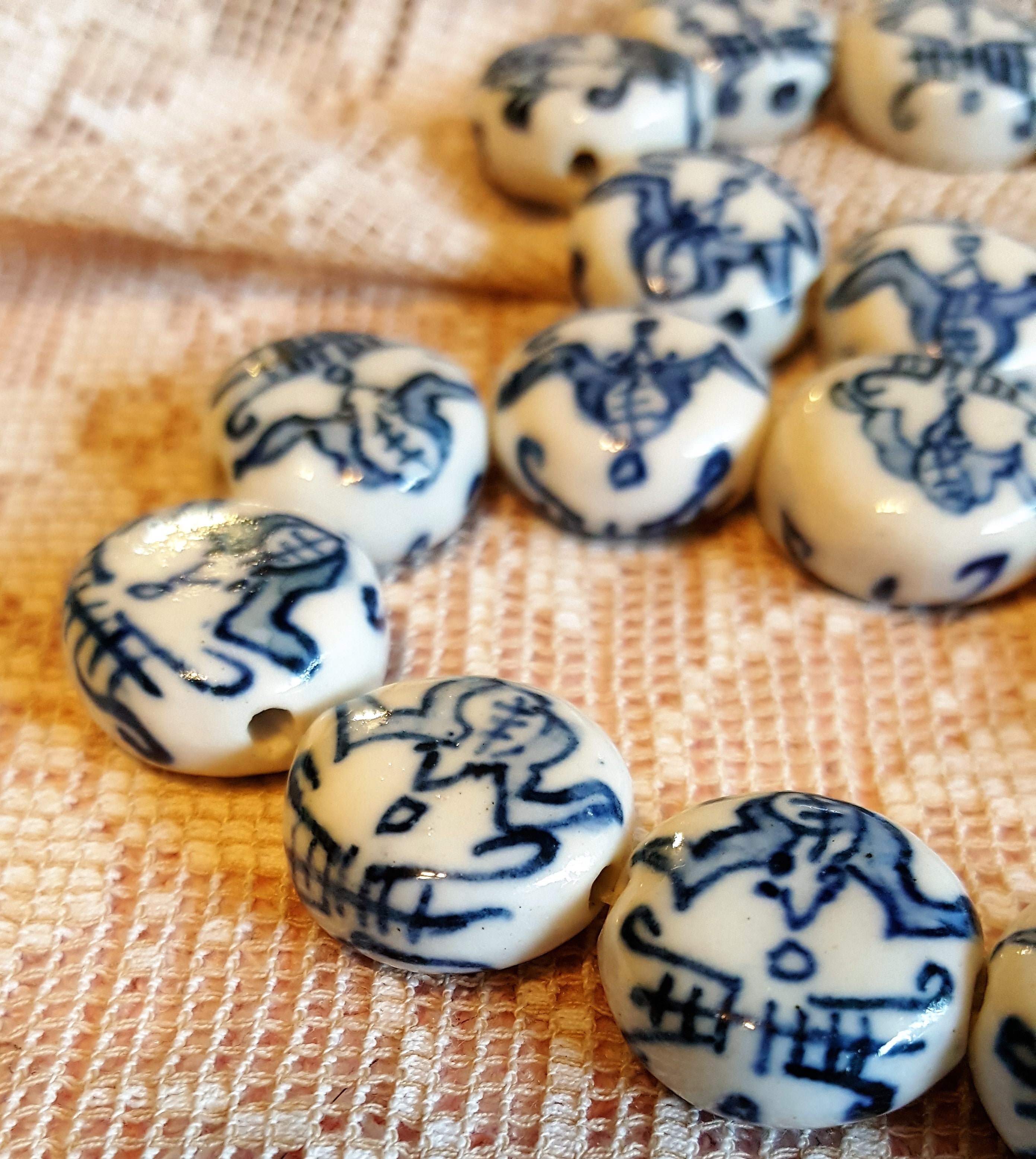 Stunning Porcelain beads Blue and white Asian design Good luck Bat design