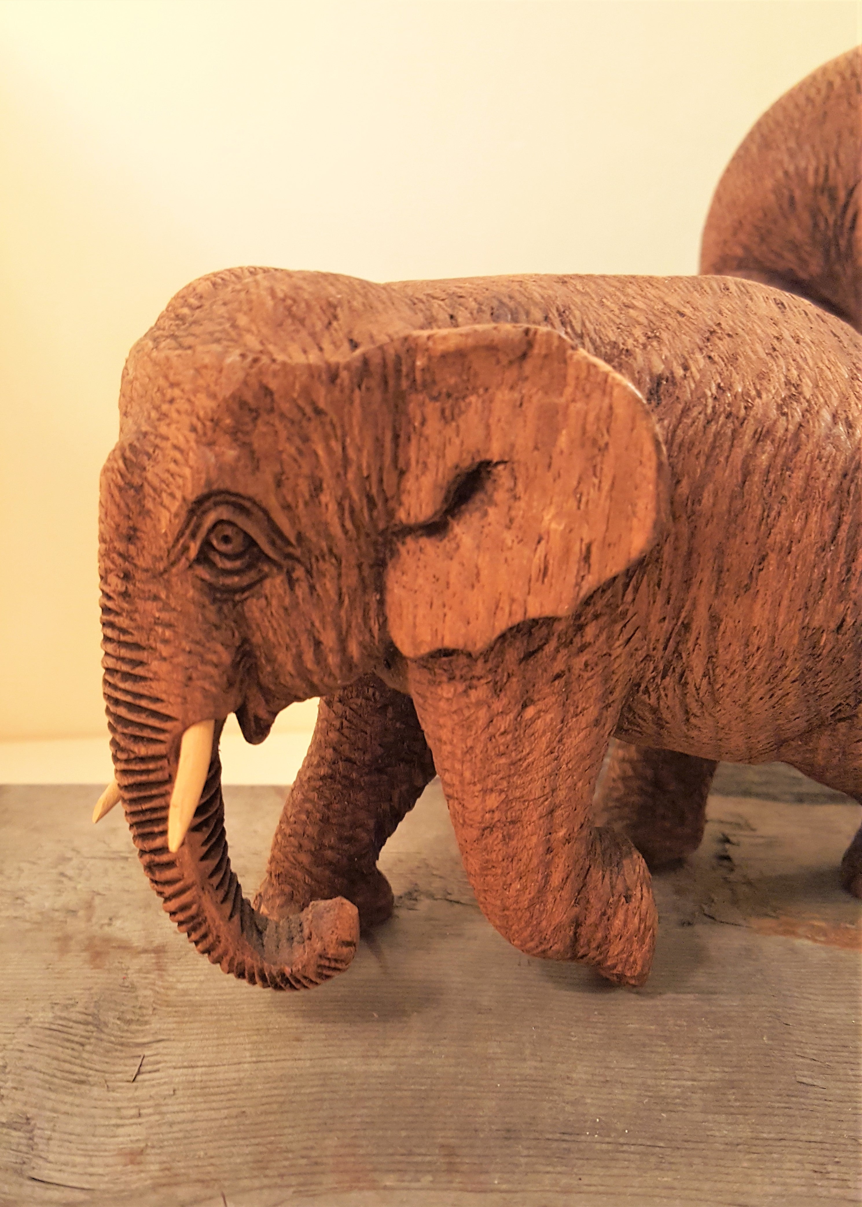Hand Carved Twin Elephants Teak Figurines