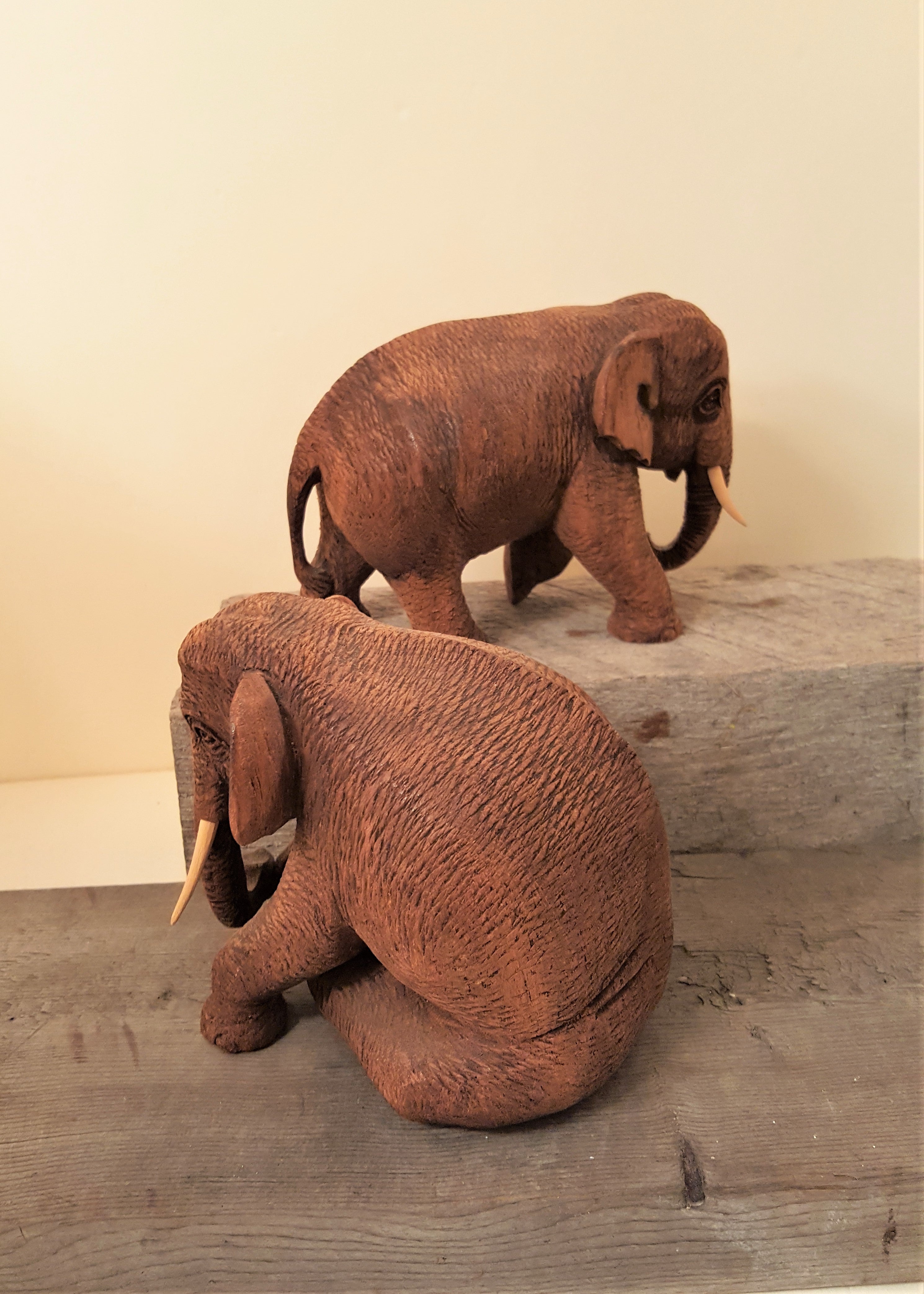 Hand Carved Twin Elephants Teak Figurines