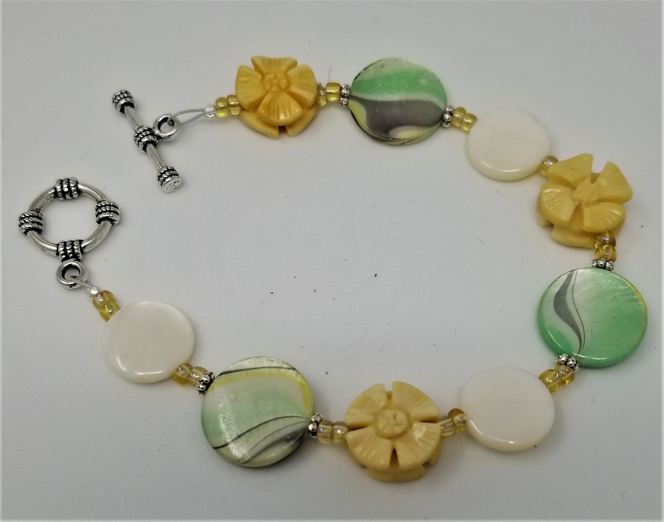 Handmade Beaded Bracelet MOP Beads Mother of Pearl Bone Flower beads