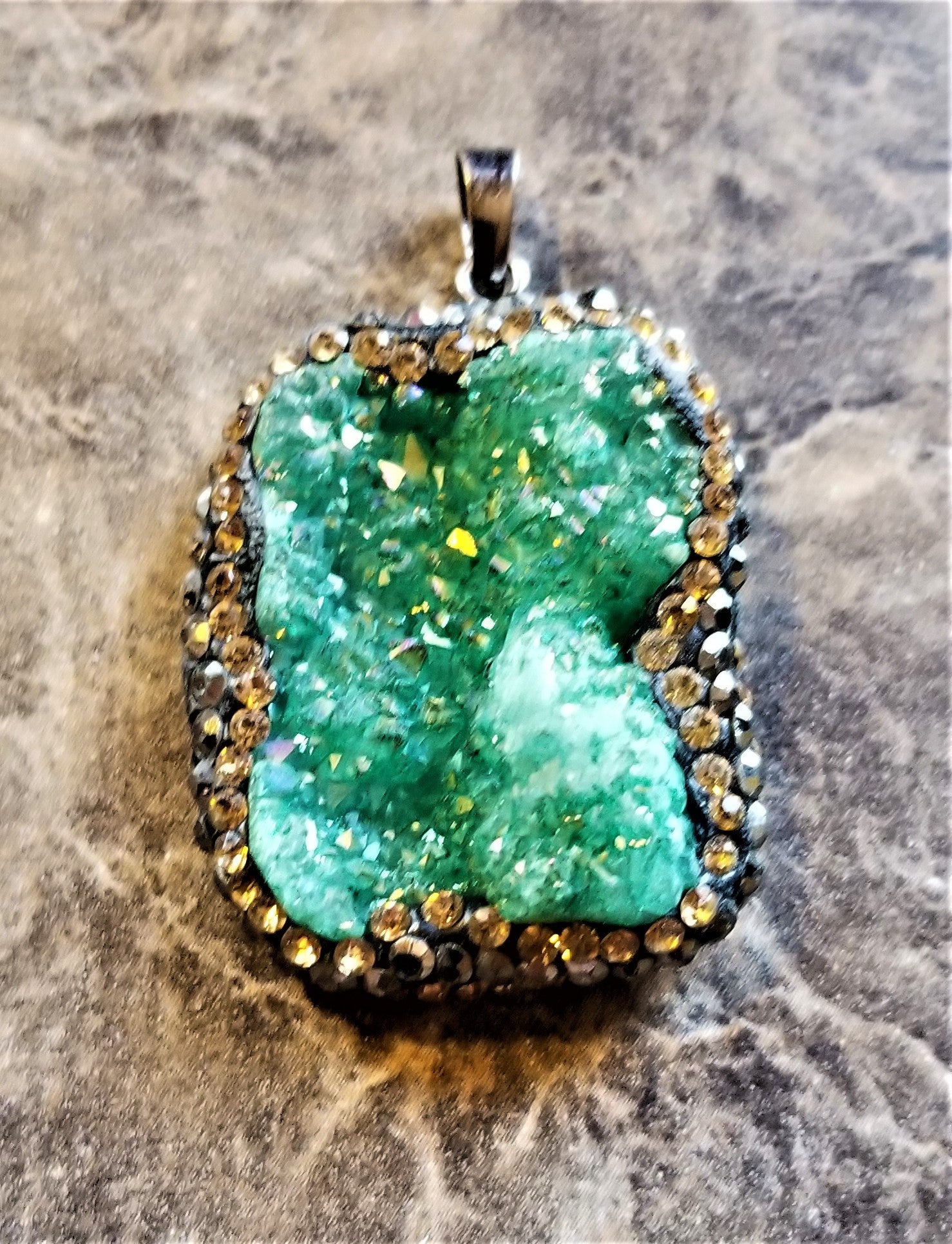 Druzy Pendant Necklace in Lush Green set in a Bronze and Canary Rhinestones Loaded with Sparkles