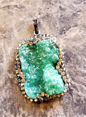 Druzy Pendant Necklace in Lush Green set in a Bronze and Canary Rhinestones Loaded with Sparkles