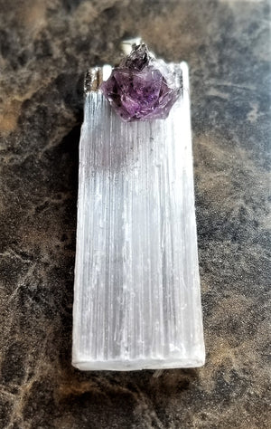 Raw Selenite Pendant Necklace with Amethyst point silver Protection