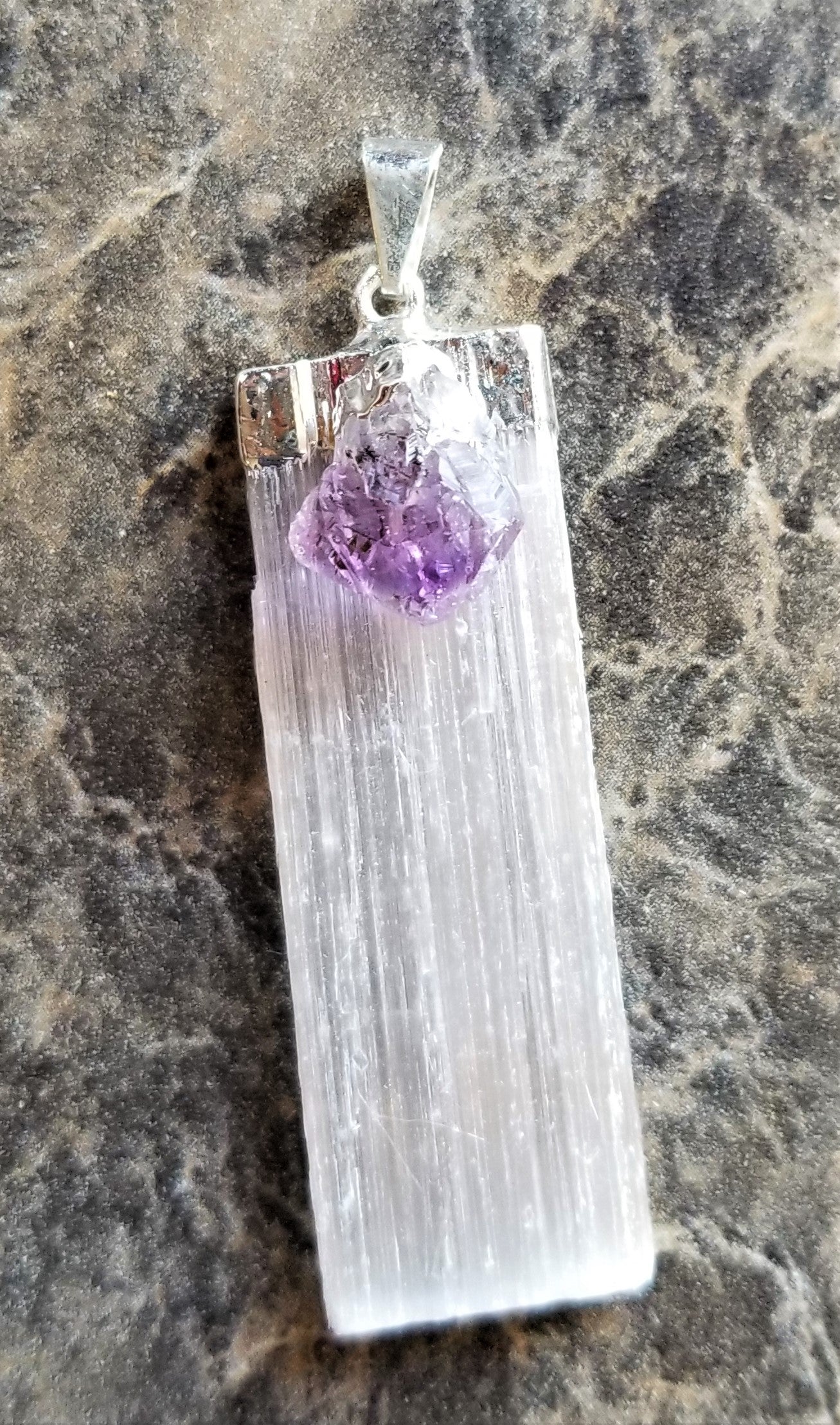 Raw Selenite Pendant Necklace with Amethyst point silver Protection