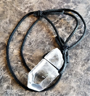 Large Crystal Quartz Point Necklace Raw Crystal Quartz Black linen cord
