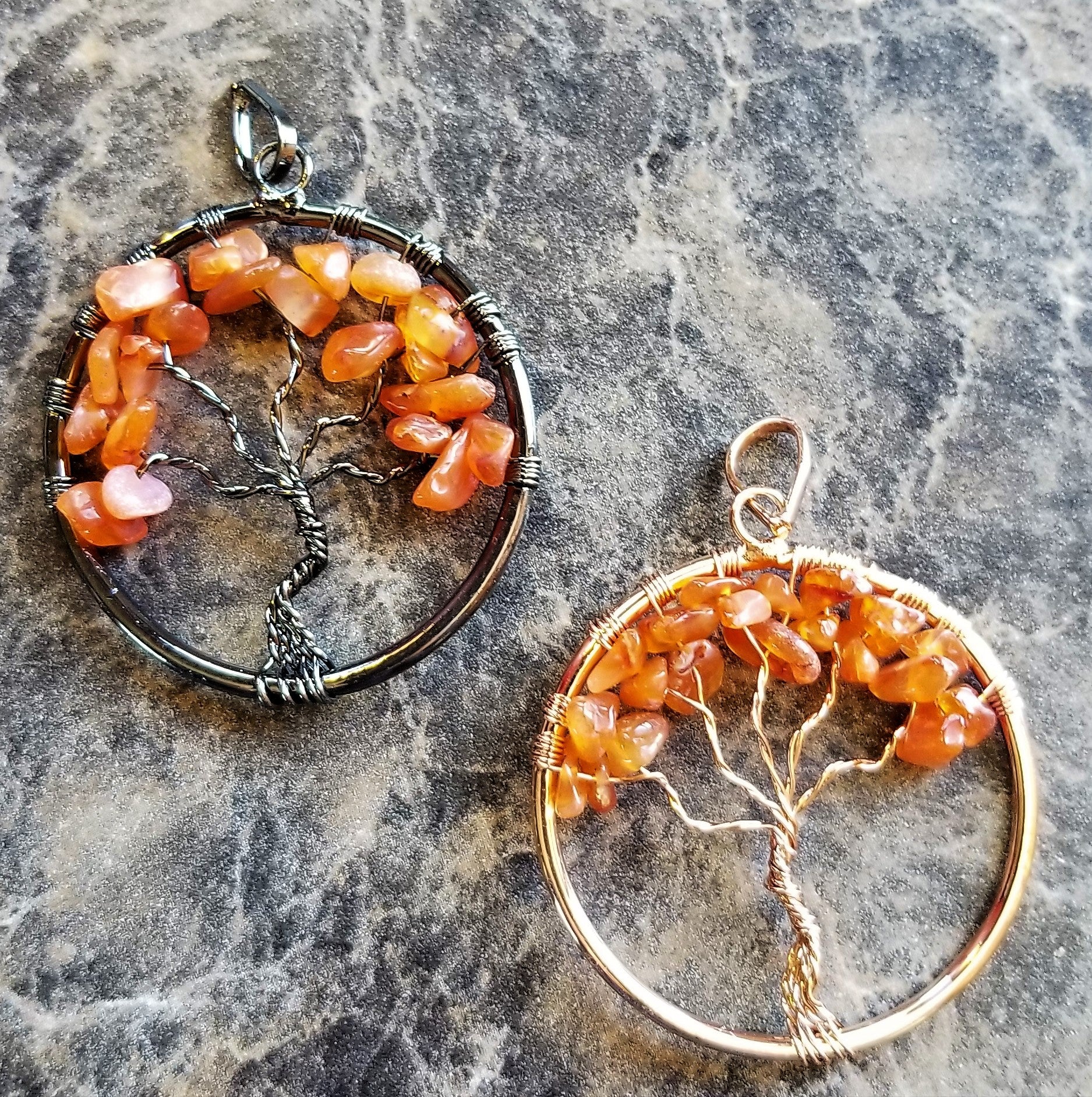 Stunning Tree of Life Pendant with Carnelian Stones set in Rose Gold or Antique Blacken Silver