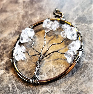 Stunning Tree of Life Pendant Necklace with Crystal Quartz Stones Rose Gold or Antique Silver Active