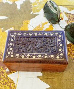 Vintage Wood Trinket Box Miniature Carved top with Brass Trim