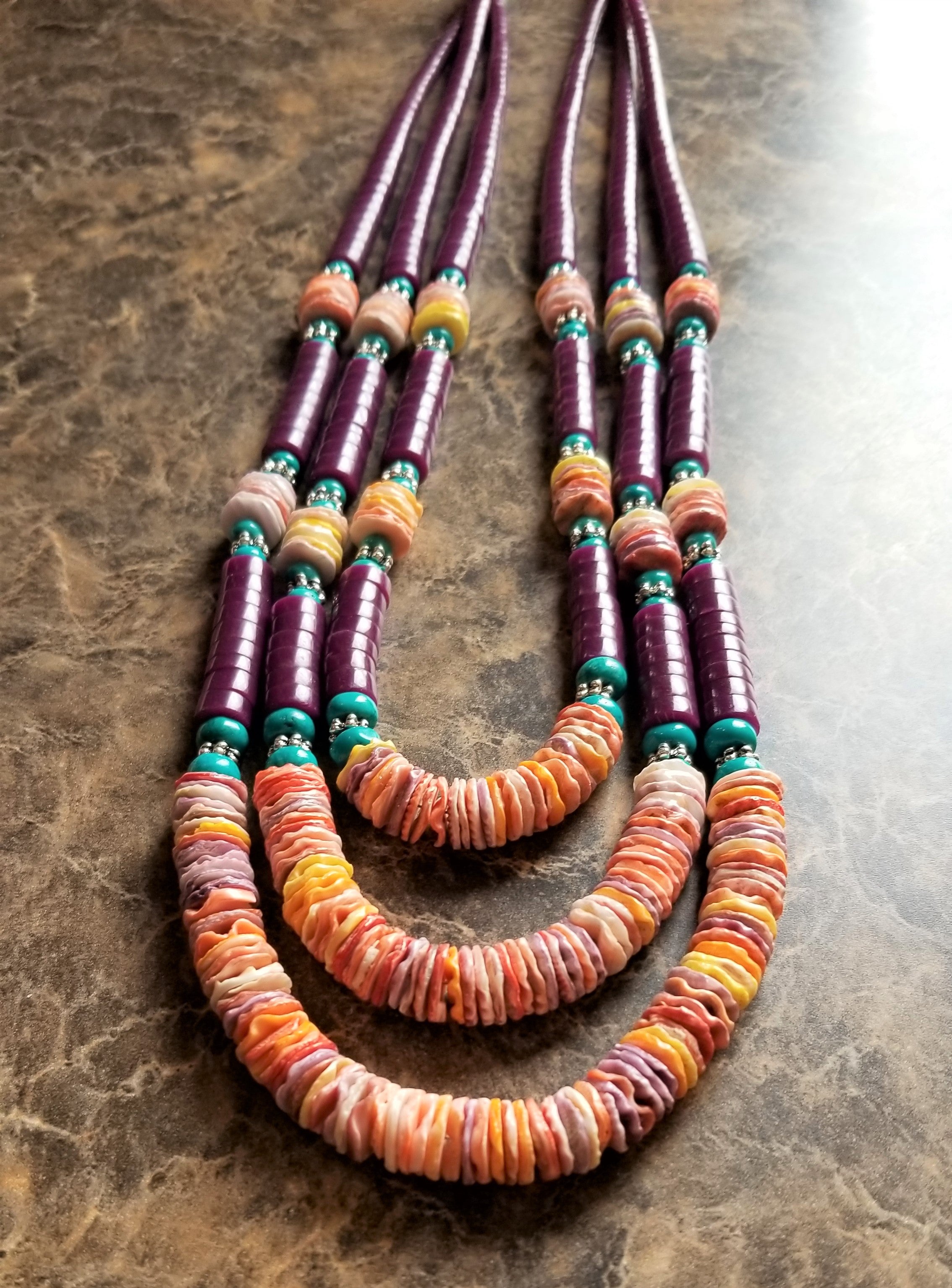 Southwest Necklace Natural Shell with Turquoise Block trim Royal Purple 3 Strand Silver Hook Clasp
