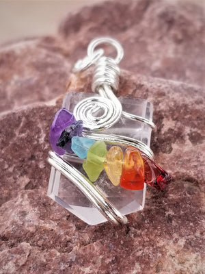 Genuine Quartz Chakra Pendant with  Gem Stone beads Silver Hand Wire Wrapped Necklace