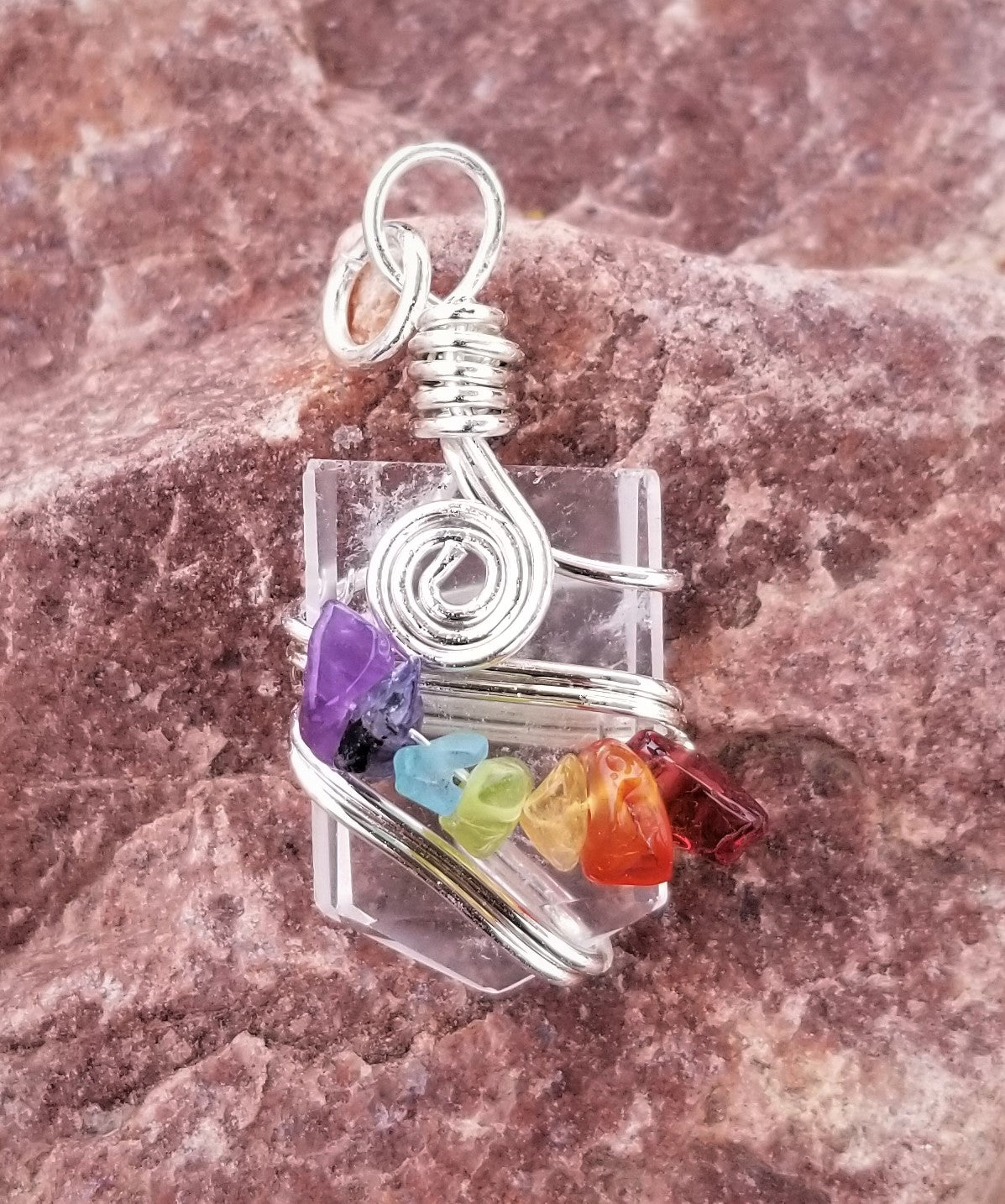 Genuine Quartz Chakra Pendant with  Gem Stone beads Silver Hand Wire Wrapped Necklace