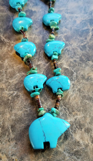 Turquoise Zuni Bear Necklace Heshi Shell Turquoise chips Southwest style Native American