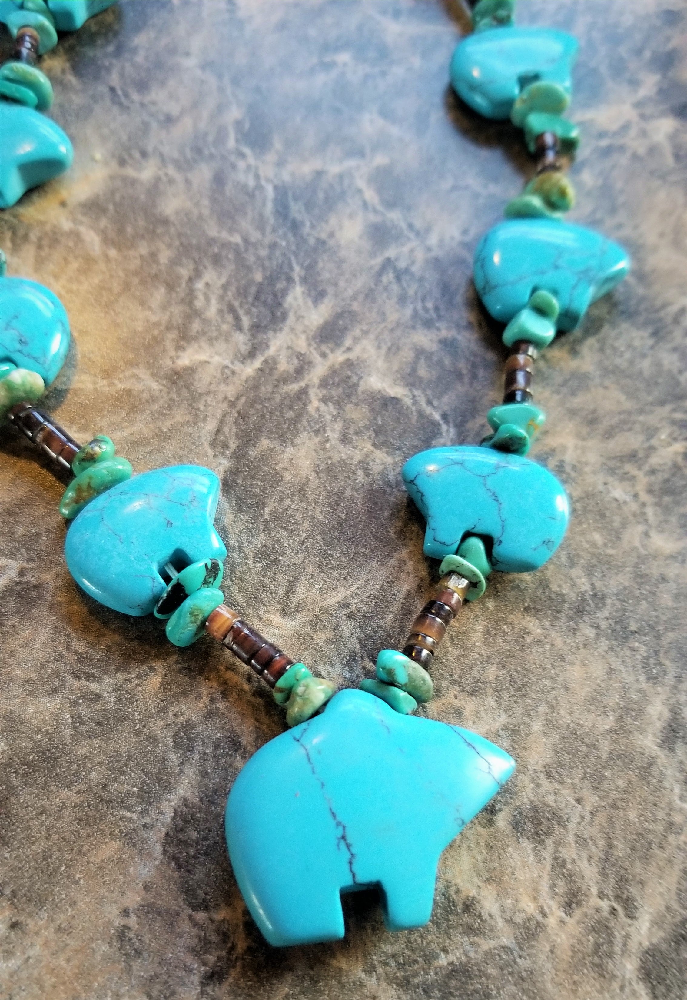 Turquoise Zuni Bear Necklace Heshi Shell Turquoise chips Southwest style Native American