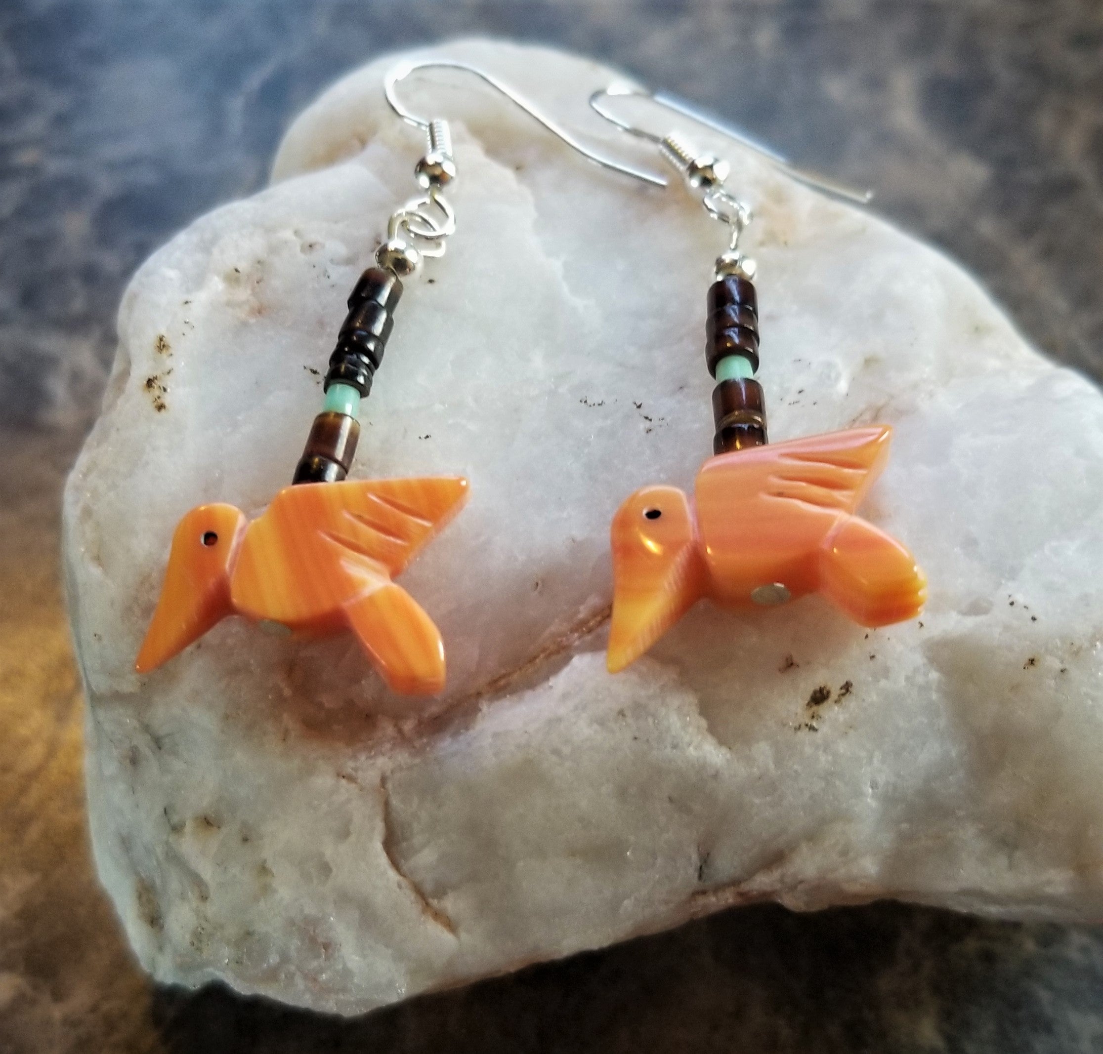 Southwest Style Coral Bird earrings Pierced Ear Wire Brown heshi Turquoise Trim