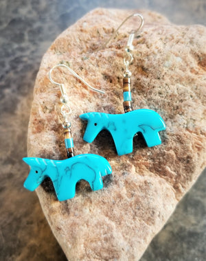 Turquoise Horse Earrings Dangle silver wires Southwest Style Native American