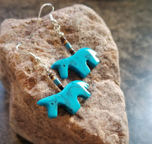 Turquoise Horse Earrings Dangle silver wires Southwest Style Native American