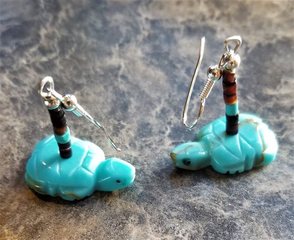 Turquoise Turtle Earrings Dangle with Silver Plated wires Southwest Style Heshi Trim Active