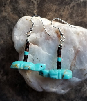Turquoise Turtle Earrings Dangle with Silver Plated wires Southwest Style Heshi Trim Active