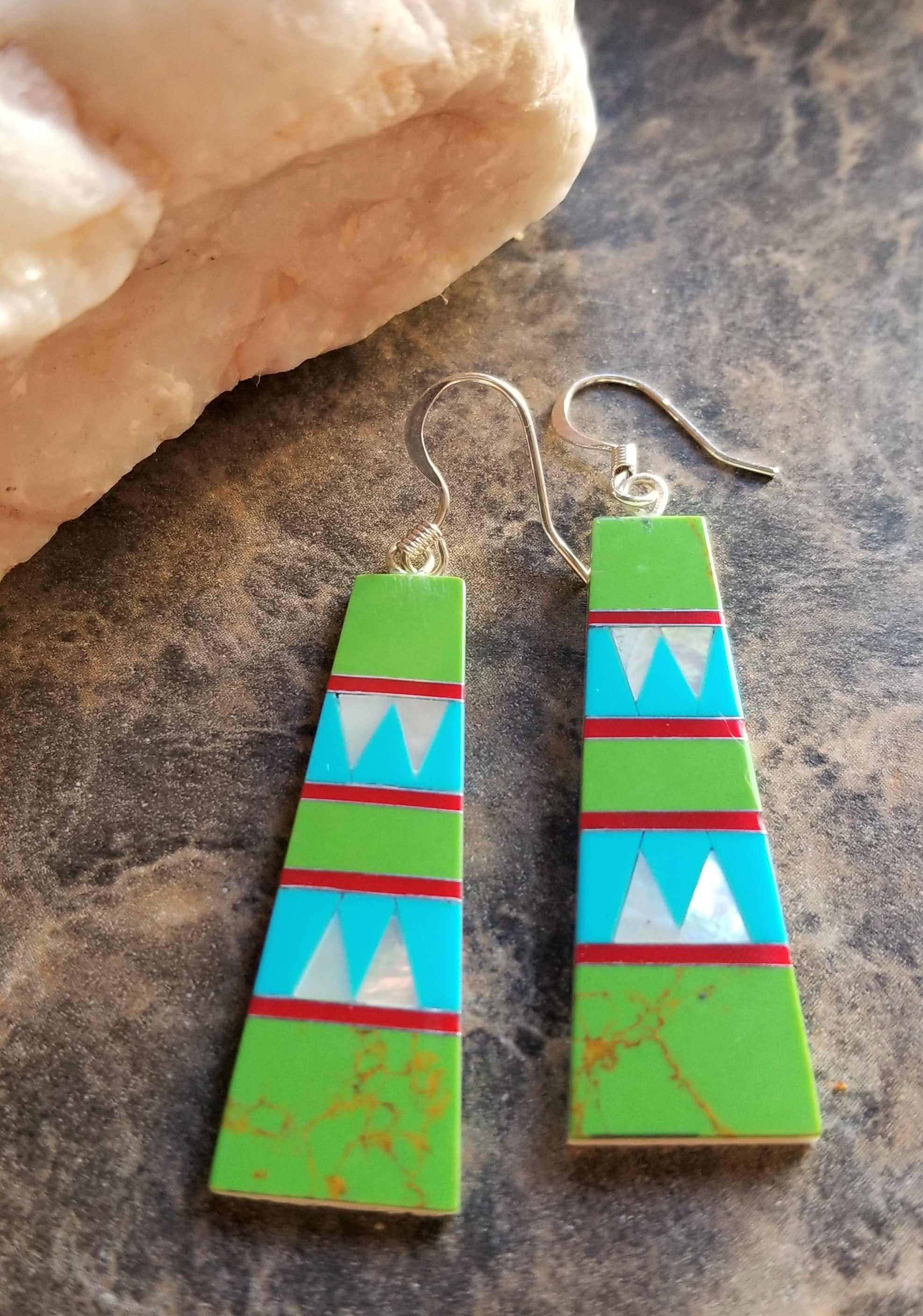 Dangle Earrings Native American style Mother of Pearl Inlay Silver Pierced