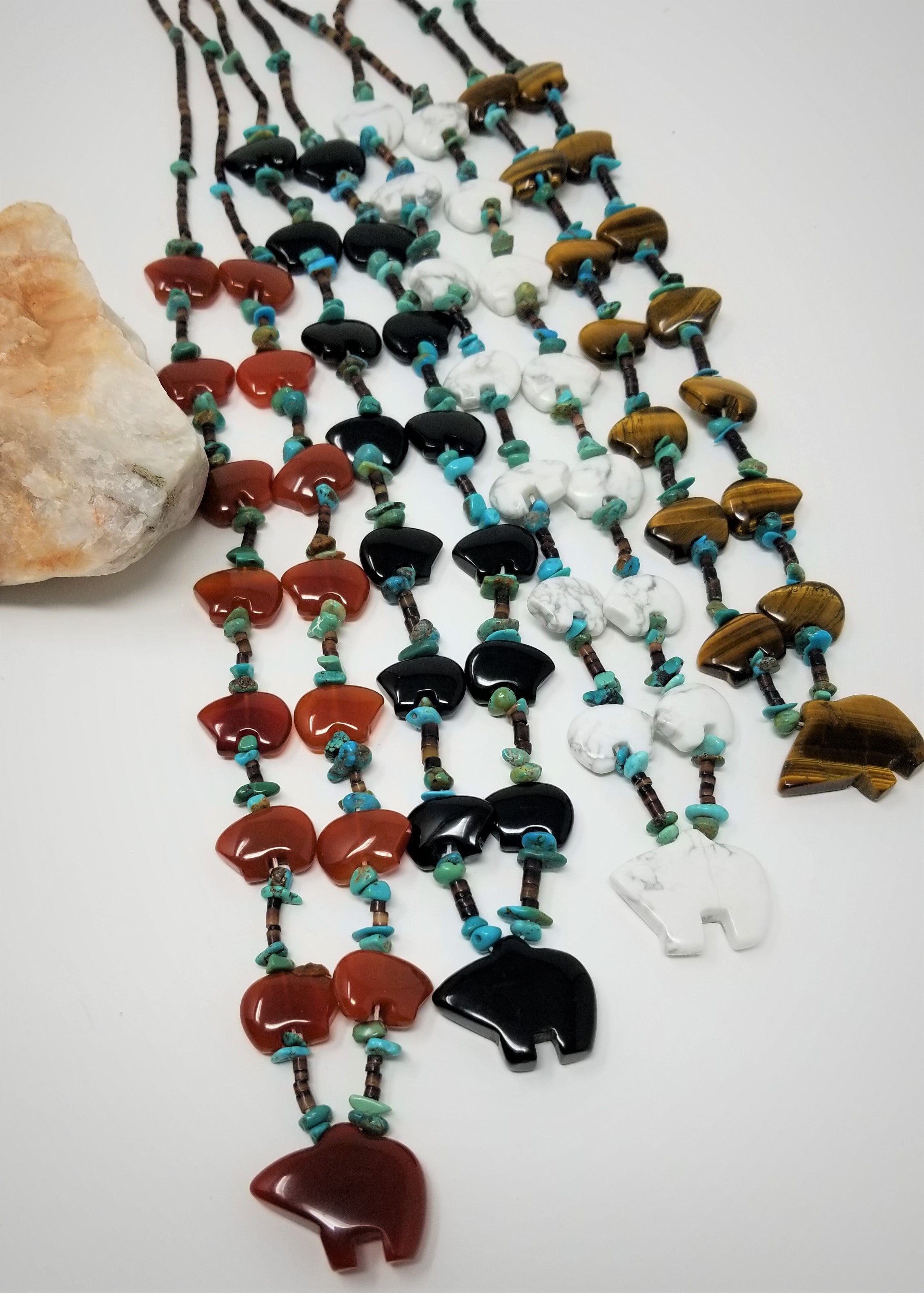 Zuni Bear Necklace Heshi Shell Turquoise chips Southwest style Tiger Eye Howlite Carnelian Onyx