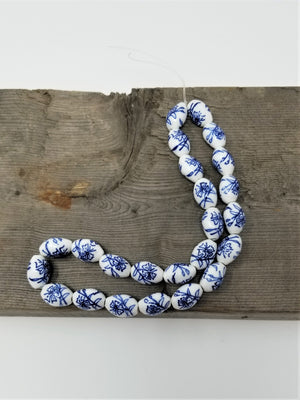 Interesting Blue and White Porcelain Beads Oval with Flowers