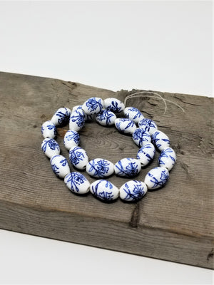 Interesting Blue and White Porcelain Beads Oval with Flowers