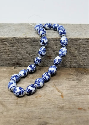 Stunning Blue and White Porcelain Beads Oval with Birds