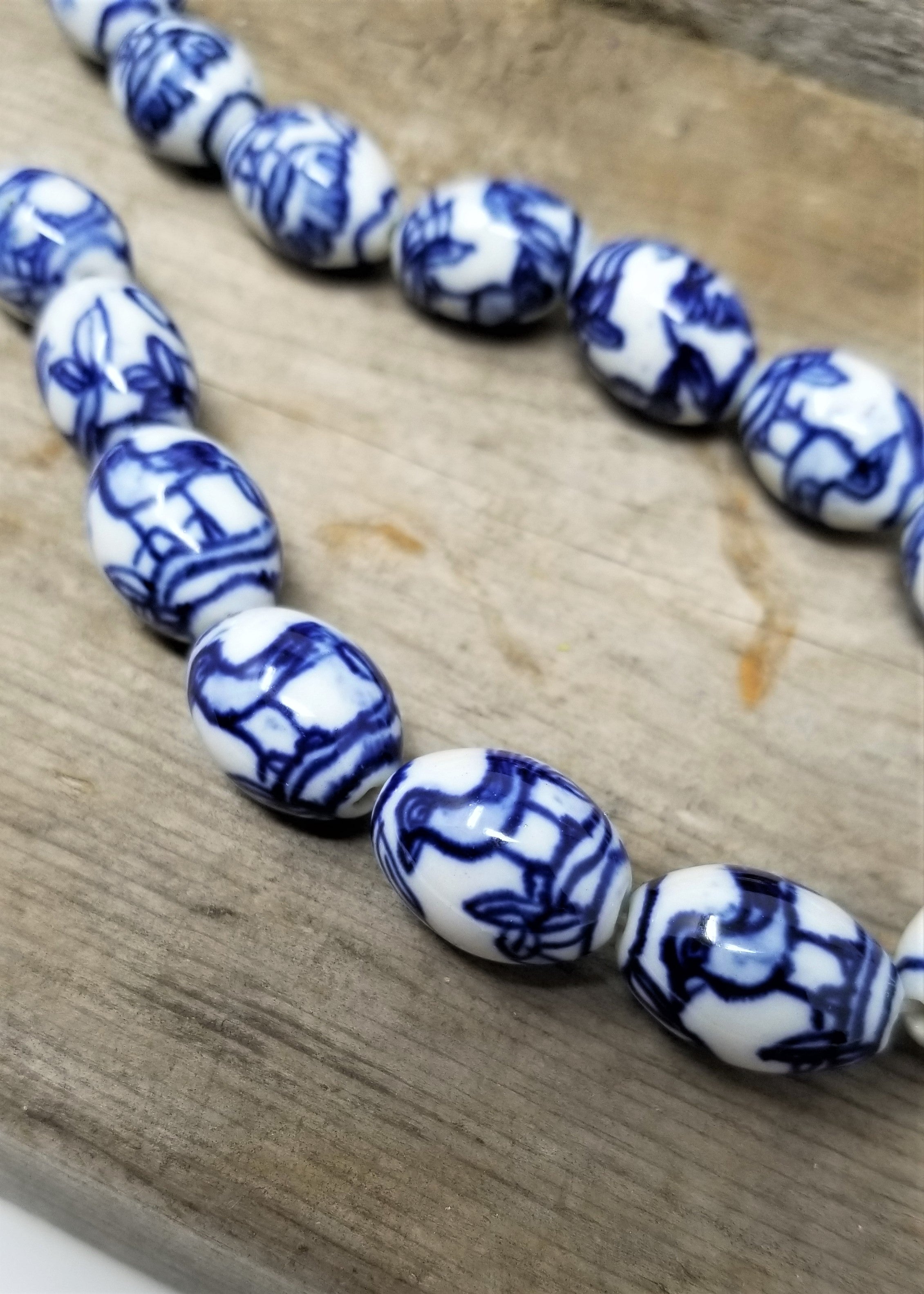 Stunning Blue and White Porcelain Beads Oval with Birds