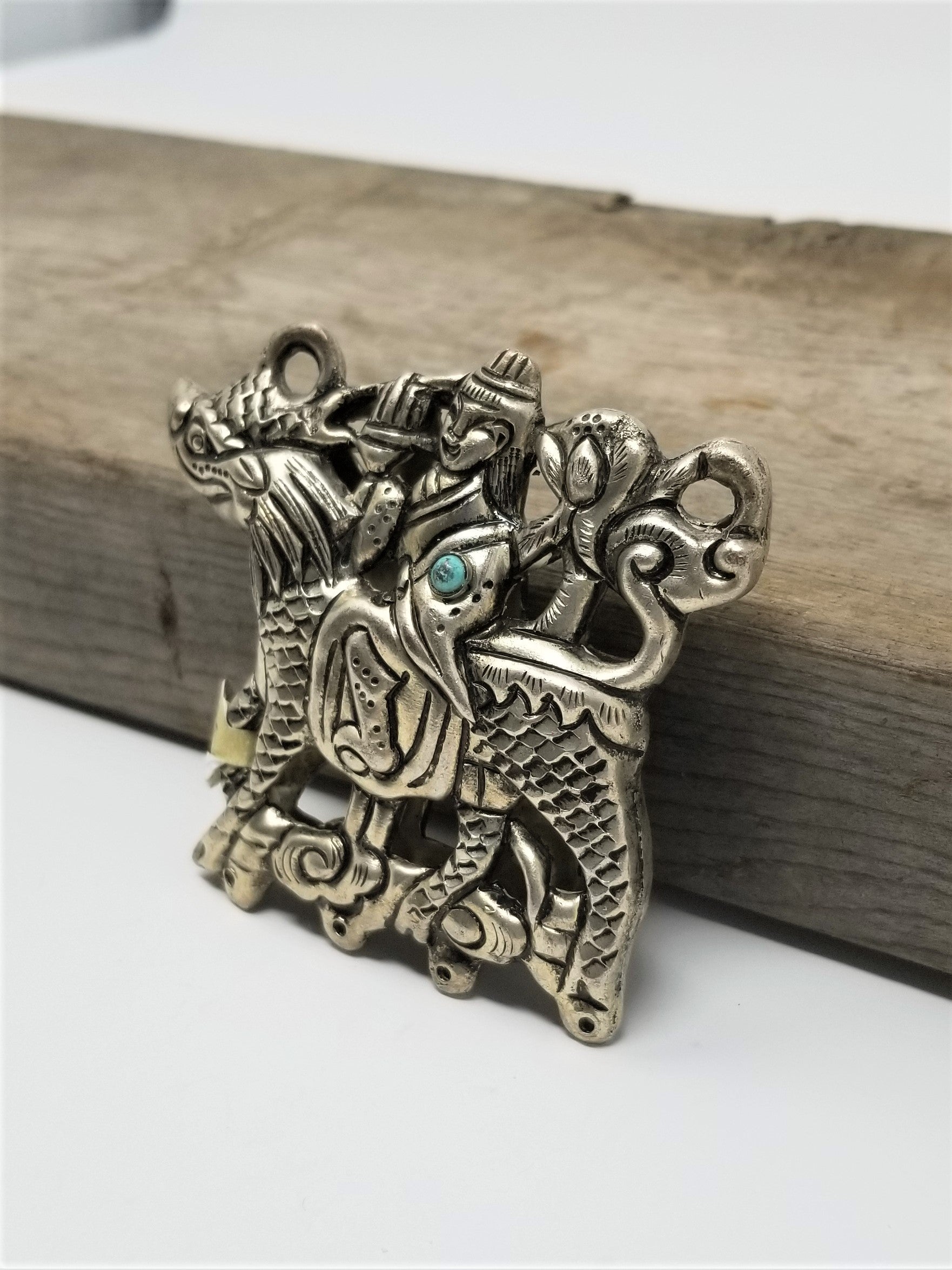Vintage Pendant Necklace Man riding Dragon - Horse Unique