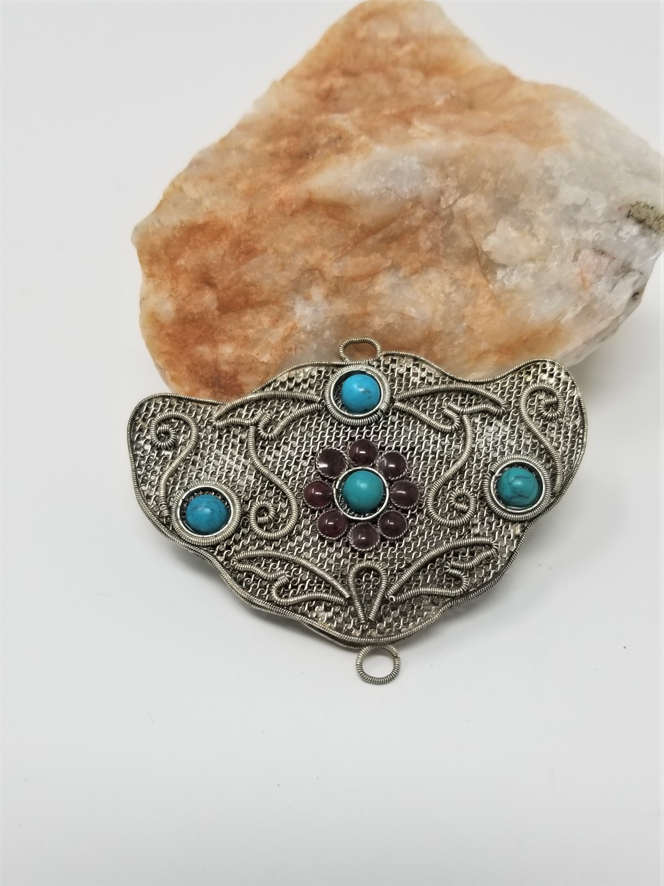 Antique Pendant Mesh Silver with Turquoise and Garnet Awesome