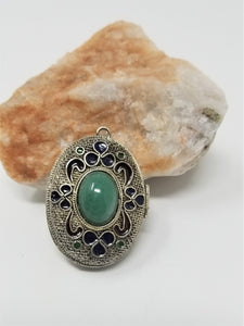 Vintage Silver Mesh Locket with Green Agate and Blue Enamel
