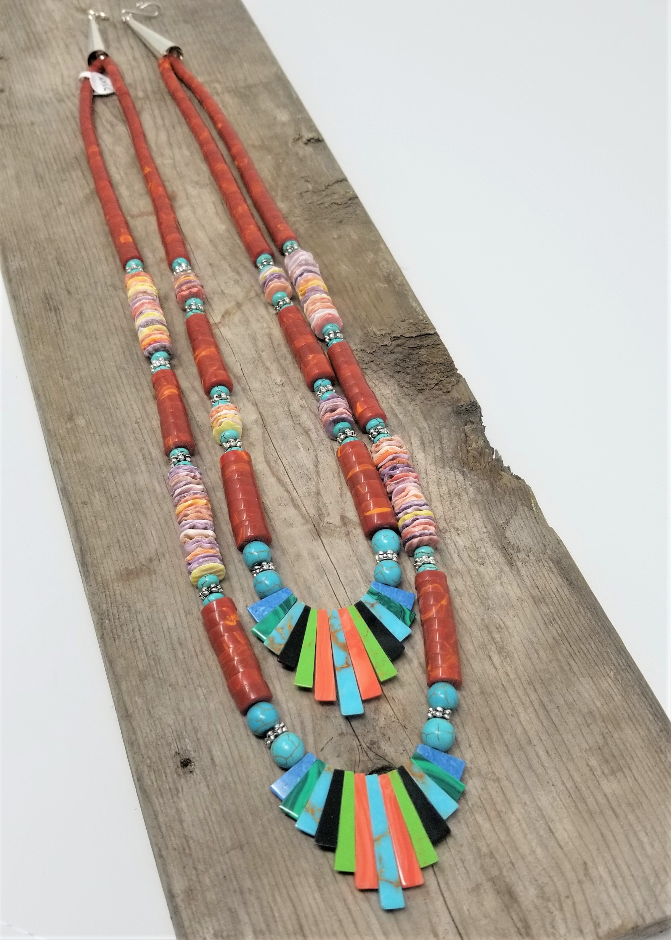 Unique 2 Strand Southwest Necklace Natural Shell Turquoise, Black, or Burnt Coral