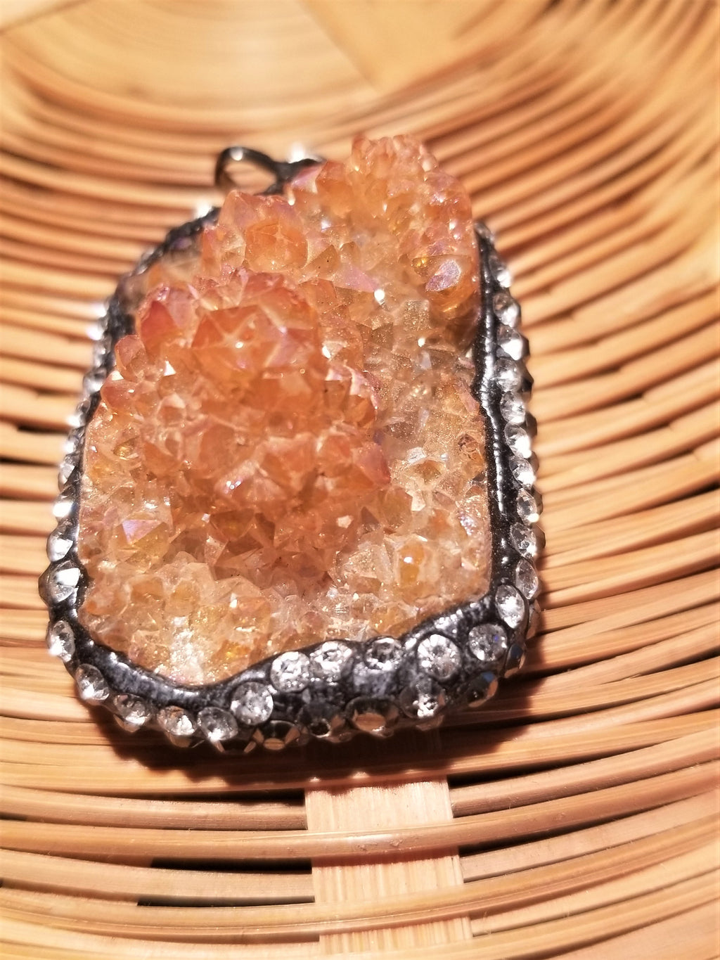 Druzy Pendant in Apricot set in a Midnight Black and Clear Rhinestones