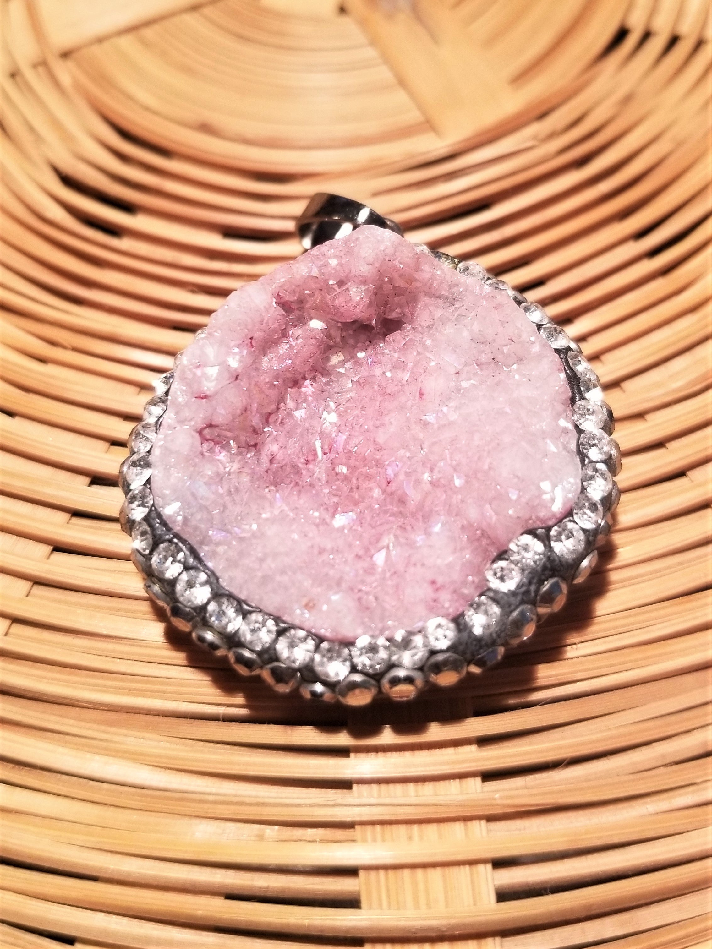 Druzy Pendant in Soft Pink set in a Midnight Black and Clear Rhinestones