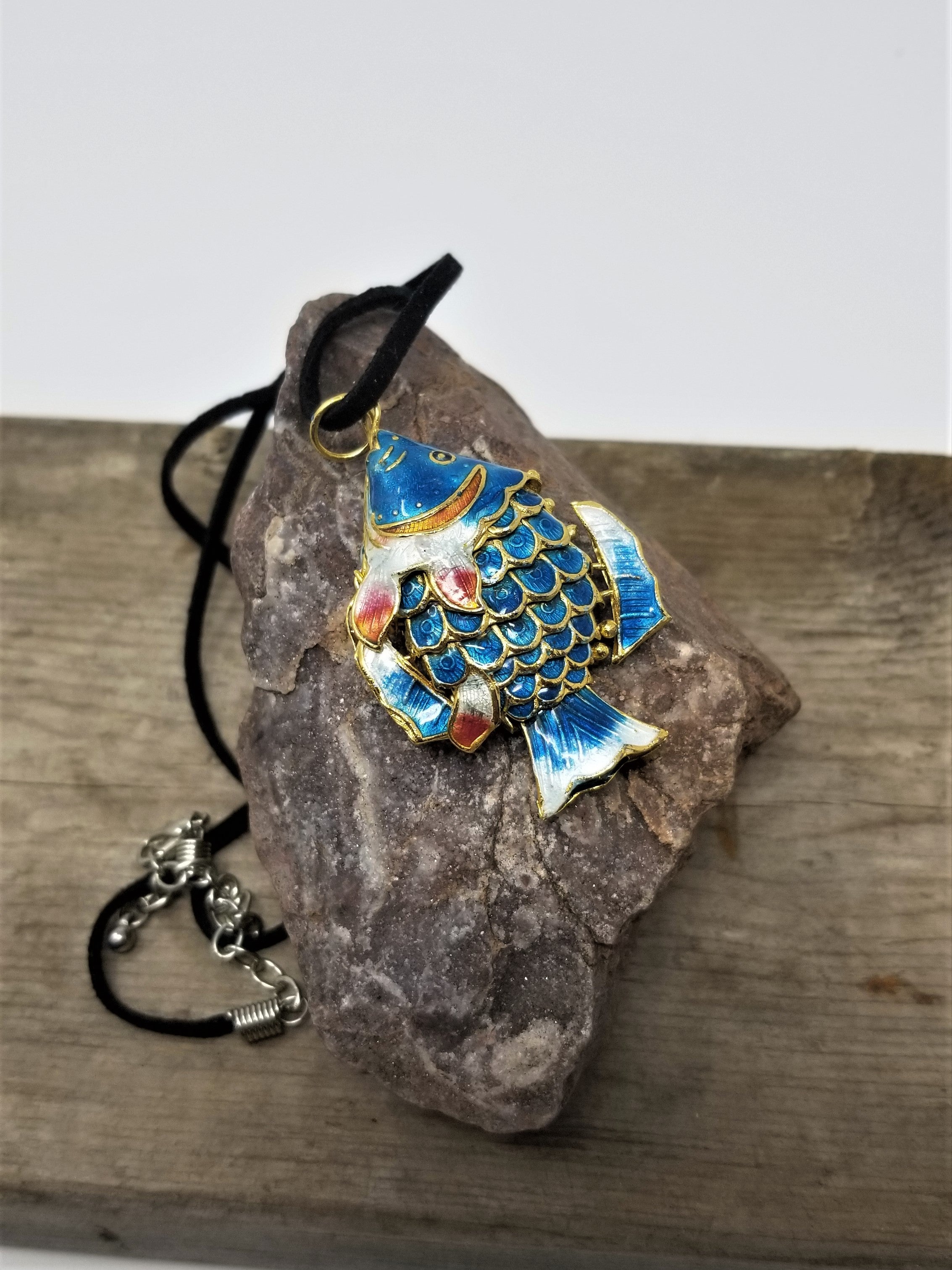 Fat Hand Enameled Wiggle Fish Necklace Choose Turquoise or Black