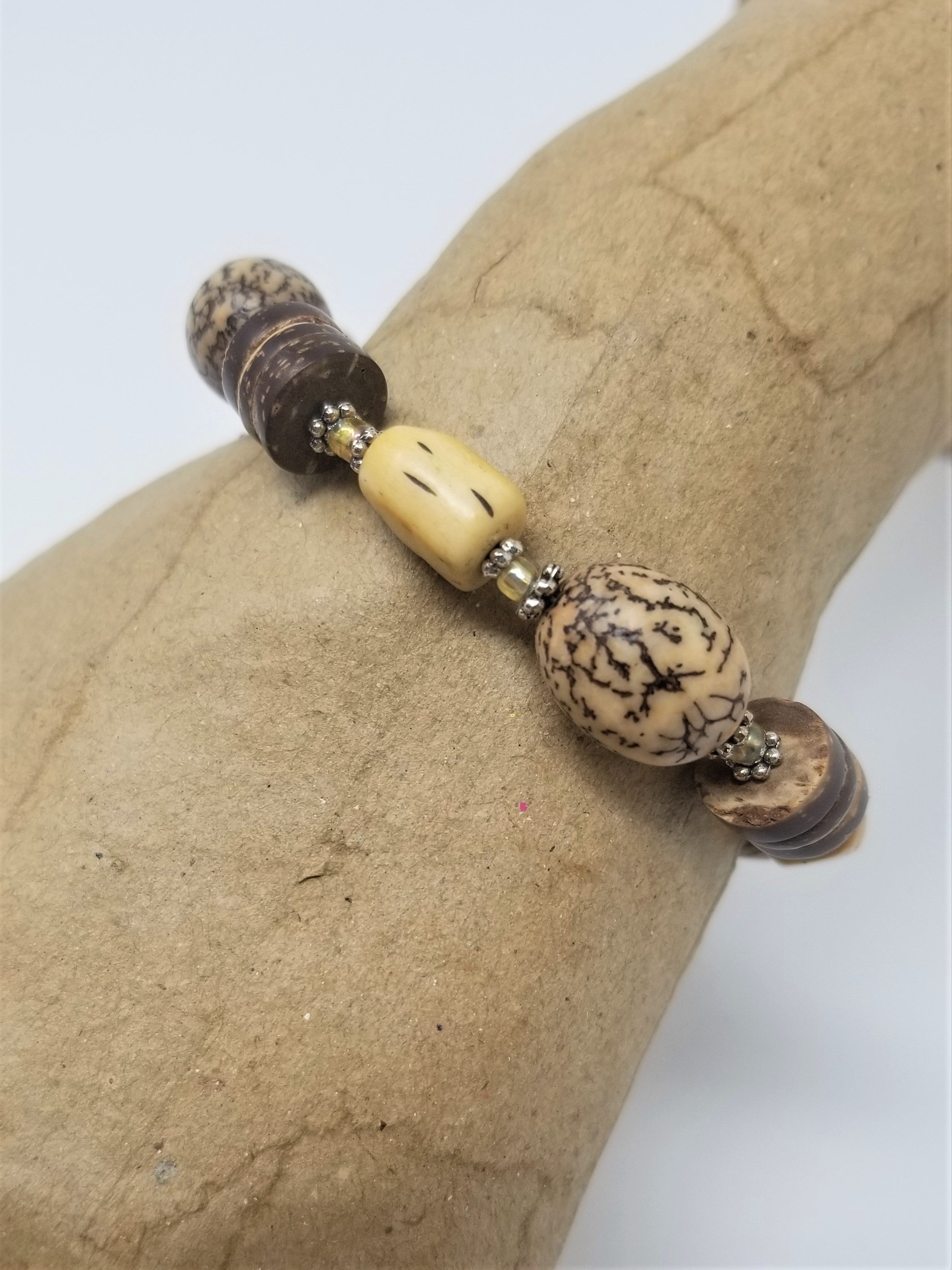 Natural Betel Nut Bracelet With Bone Skulls & Coconut Shell