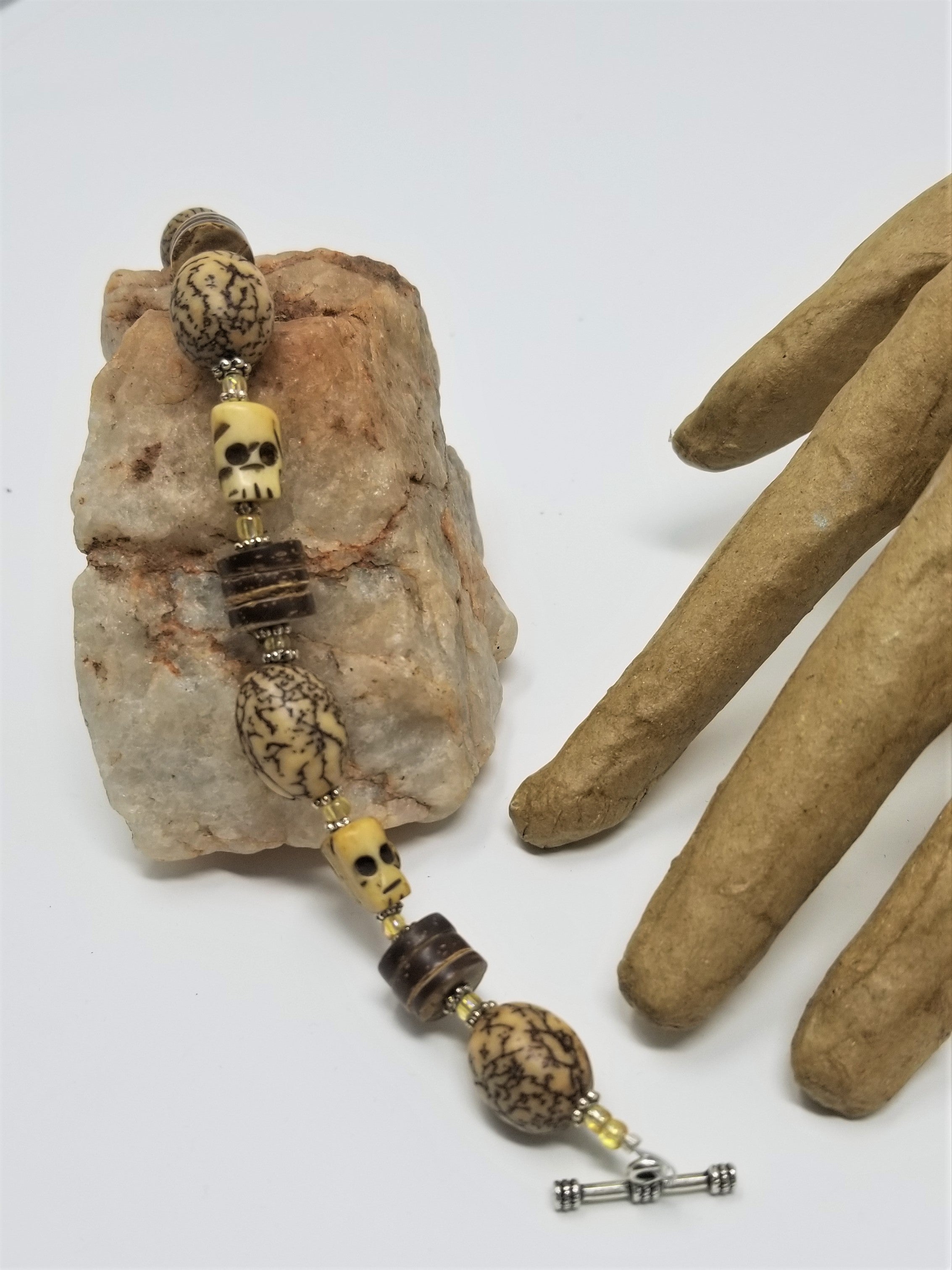 Natural Betel Nut Bracelet With Bone Skulls & Coconut Shell