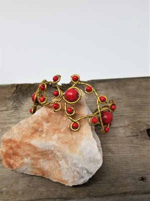 Interesting Handmade Beaded Bracelet Vintage Gold wire Red Beads