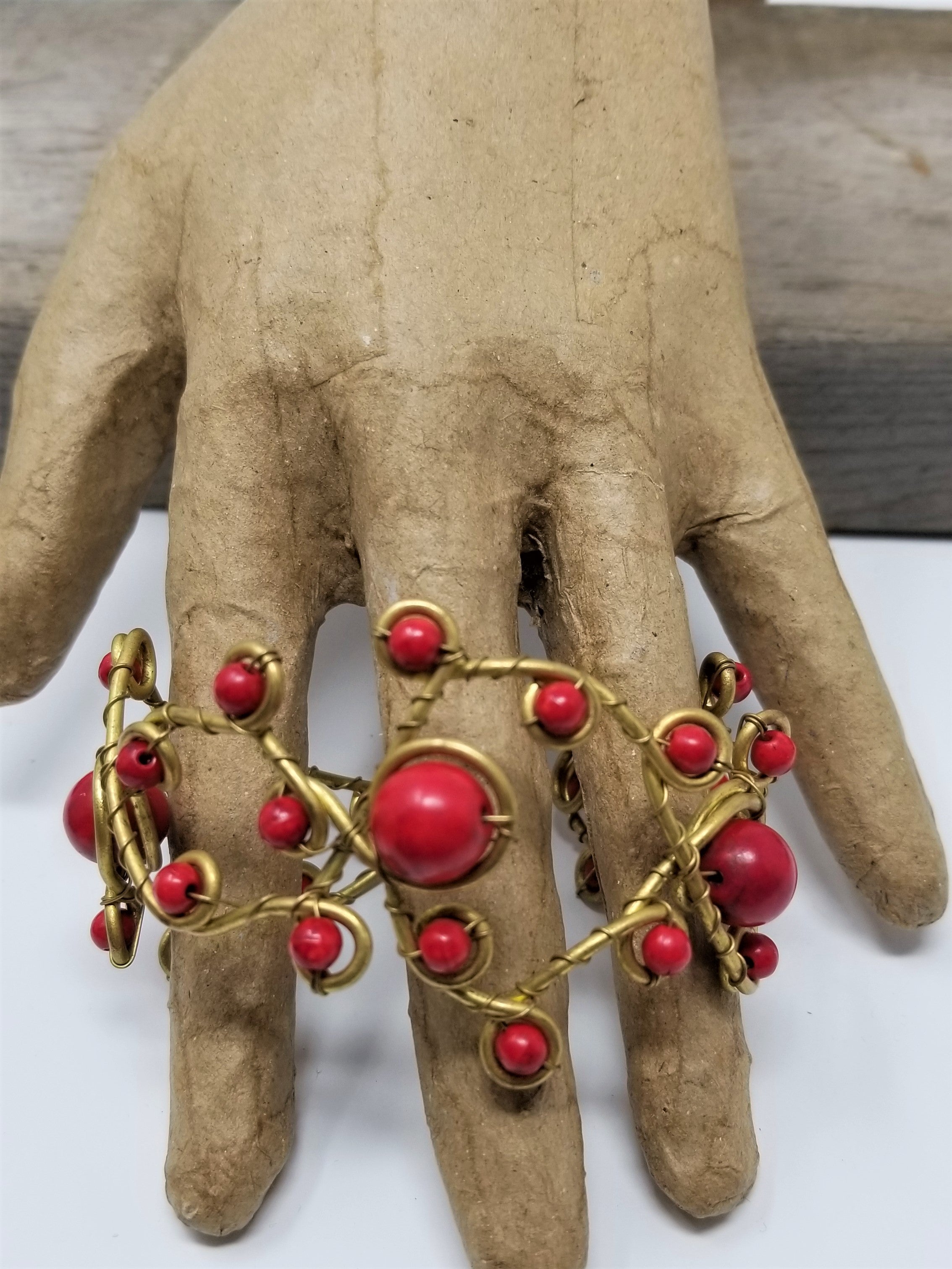 Interesting Handmade Beaded Bracelet Vintage Gold wire Red Beads