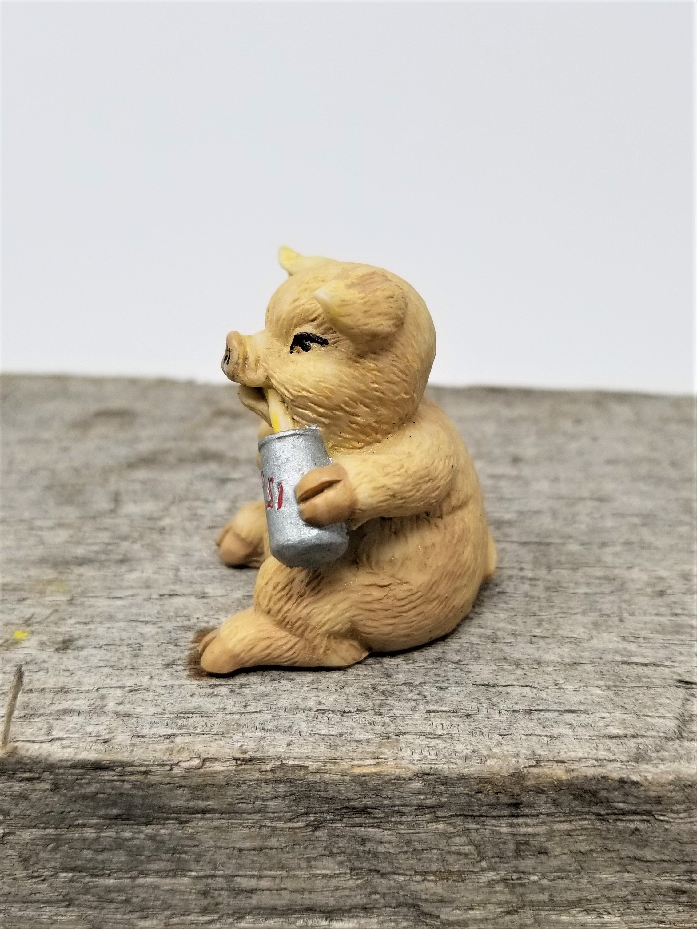 Sweet Pig Figurine Miniature Drinking a Can of Pepsi