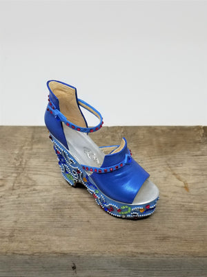 Blue Miniature Platform shoe Loaded with Pearls and Rhinestone
